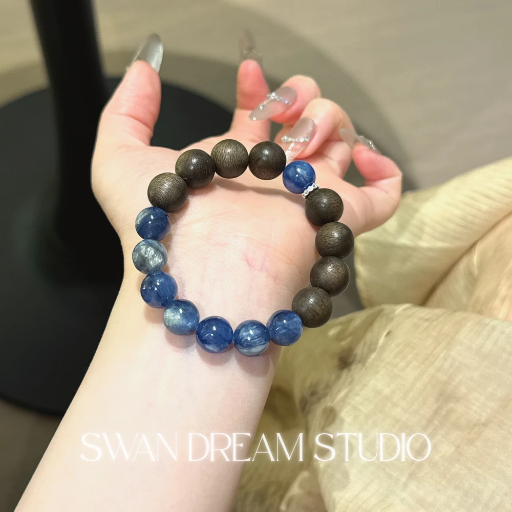 Kyanite Agarwood Bracelet | Deep Blue Crystal Wood | Clarity Communication & Grounding Calm