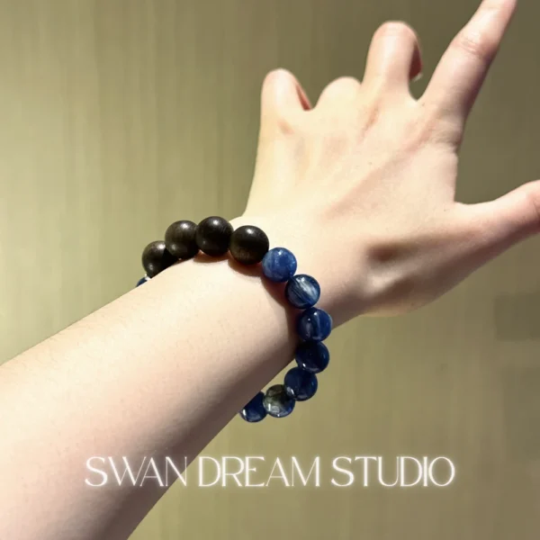 Kyanite Agarwood Bracelet | Deep Blue Crystal Wood | Clarity Communication & Grounding Calm