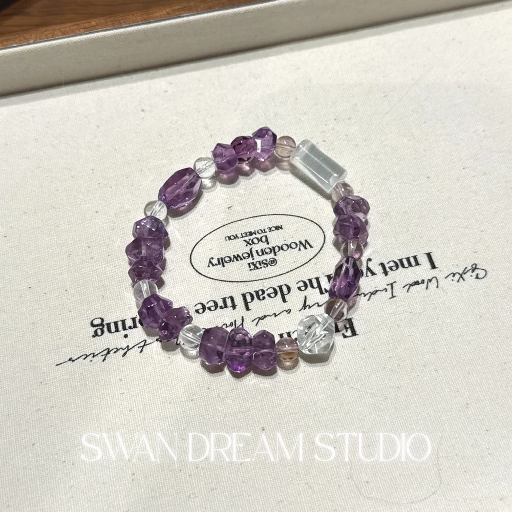 Faceted Amethyst Crystal Bracelet | Clear Quartz Accents | Wisdom Clarity & Calm Energy