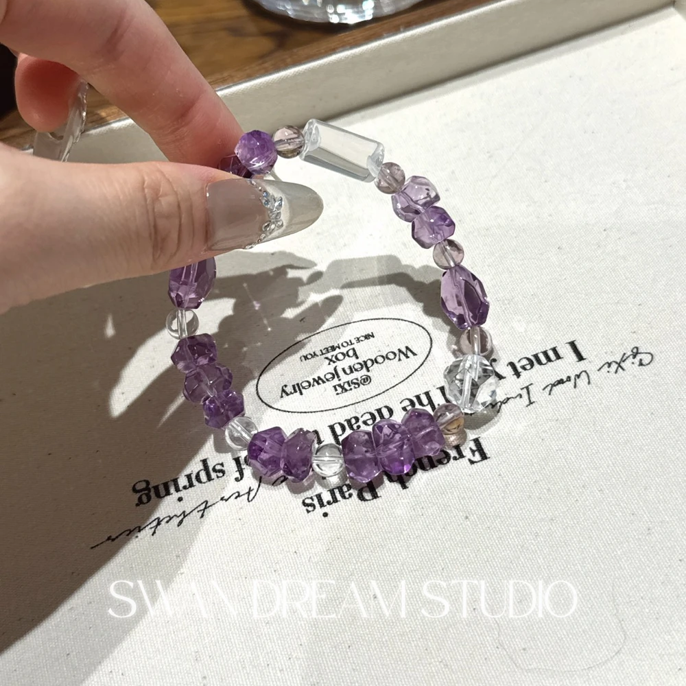 Faceted Amethyst Crystal Bracelet | Clear Quartz Accents | Wisdom Clarity & Calm Energy