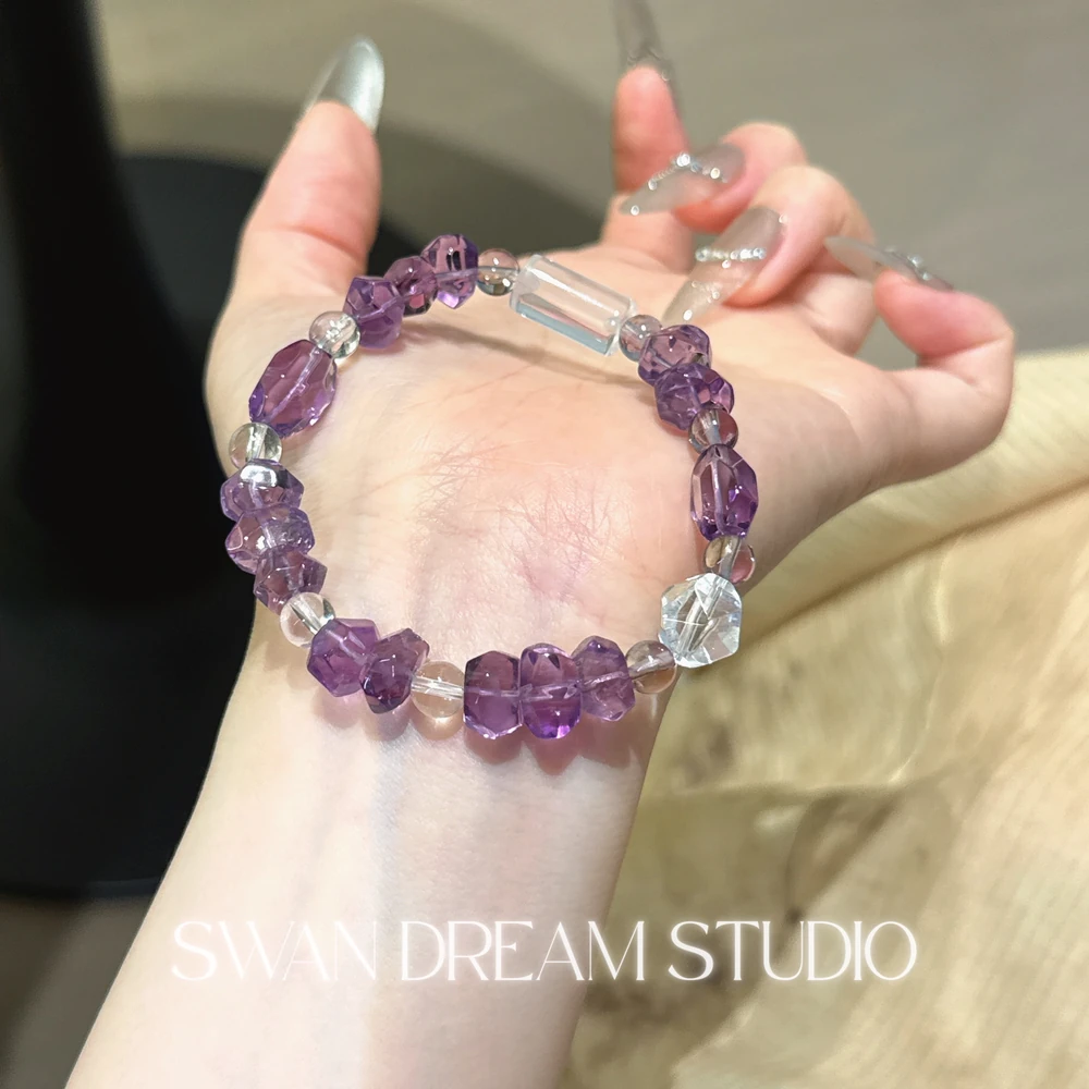 Faceted Amethyst Crystal Bracelet | Clear Quartz Accents | Wisdom Clarity & Calm Energy