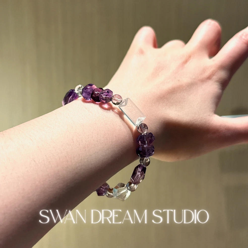 Faceted Amethyst Crystal Bracelet | Clear Quartz Accents | Wisdom Clarity & Calm Energy