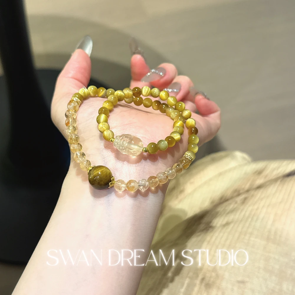 Tiger Eye Citrine Bracelet | Gold Pixiu Charm | Courage Focus & Wealth Attraction Energy