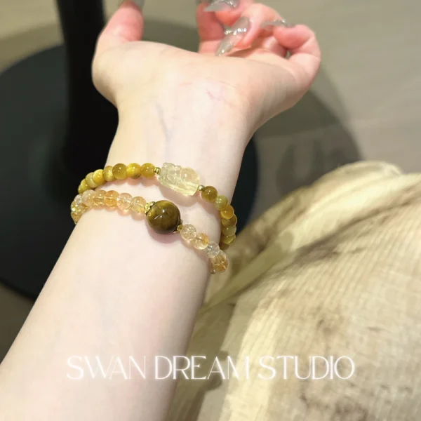 Tiger Eye Citrine Bracelet | Gold Pixiu Charm | Courage Focus & Wealth Attraction Energy