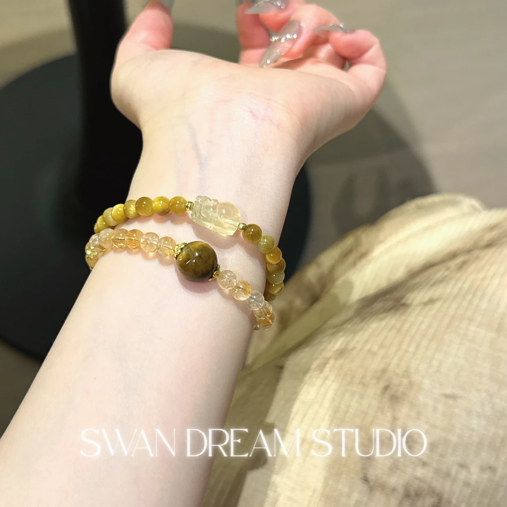 Tiger Eye Citrine Bracelet | Gold Pixiu Charm | Courage Focus & Wealth Attraction Energy