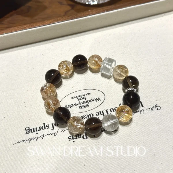 Clear Quartz Smoky Quartz Bracelet | Gold Flake Accents | Grounding Protection & Energy Clarity