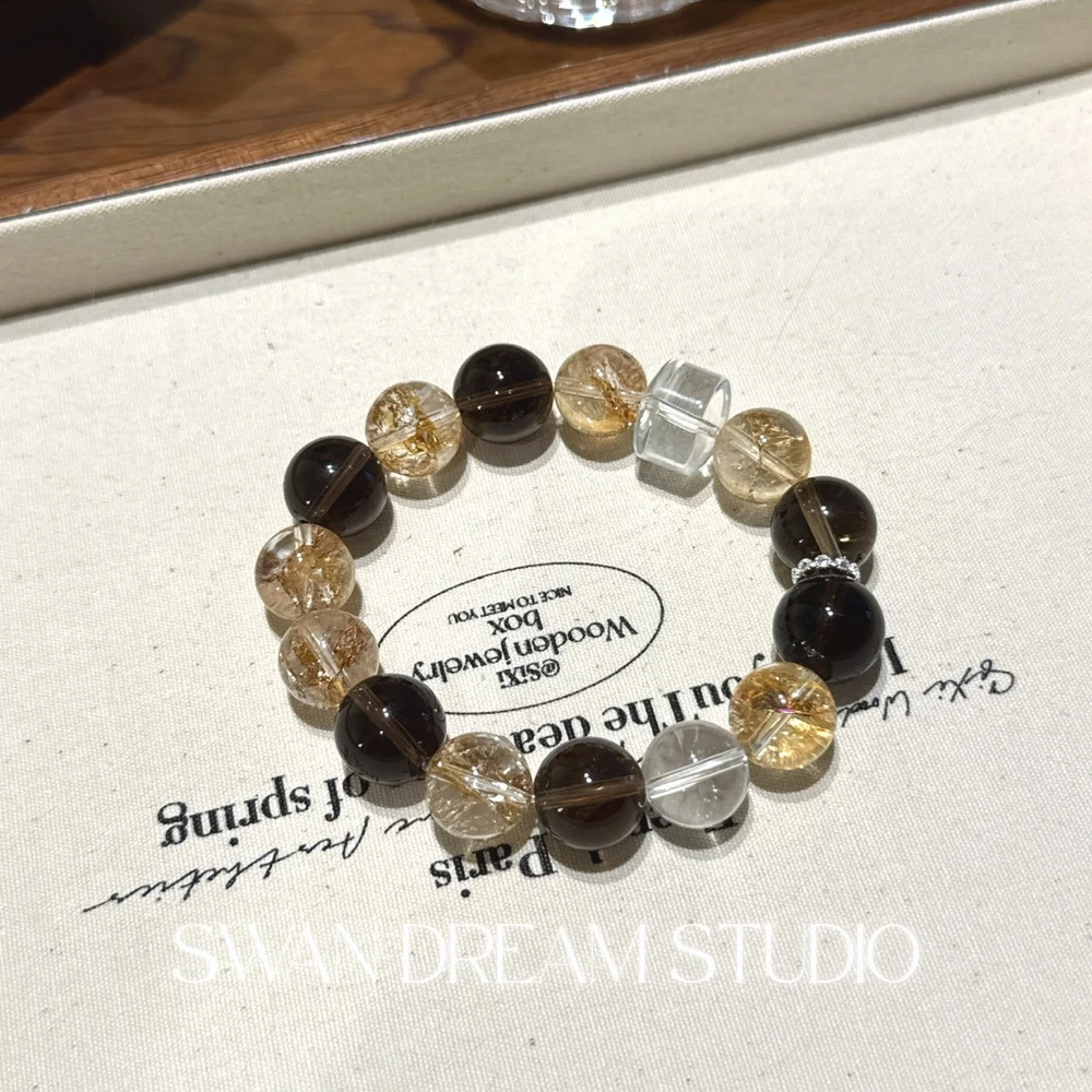 Clear Quartz Smoky Quartz Bracelet | Gold Flake Accents | Grounding Protection & Energy Clarity