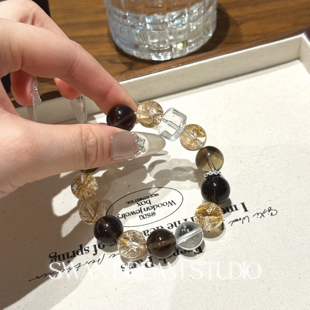 Clear Quartz Smoky Quartz Bracelet | Gold Flake Accents | Grounding Protection & Energy Clarity