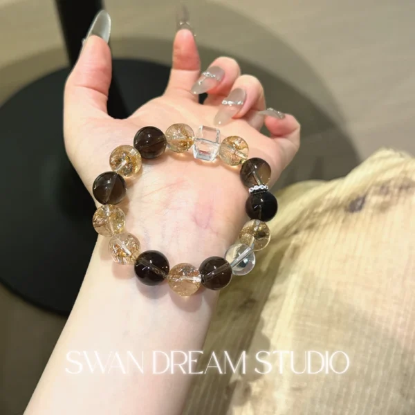 Clear Quartz Smoky Quartz Bracelet | Gold Flake Accents | Grounding Protection & Energy Clarity