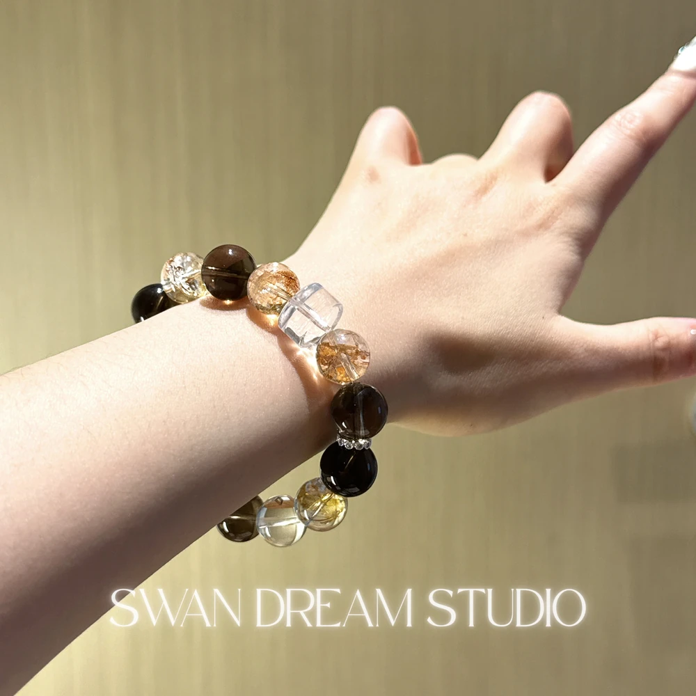 Clear Quartz Smoky Quartz Bracelet | Gold Flake Accents | Grounding Protection & Energy Clarity