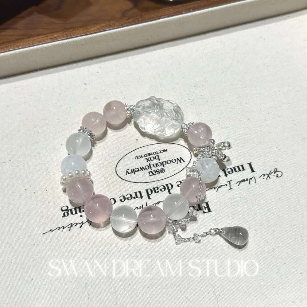 Rose Quartz Crystal Bracelet | White Quartz Nine-Tail Fox | Love Attraction Charm & Emotional Purity