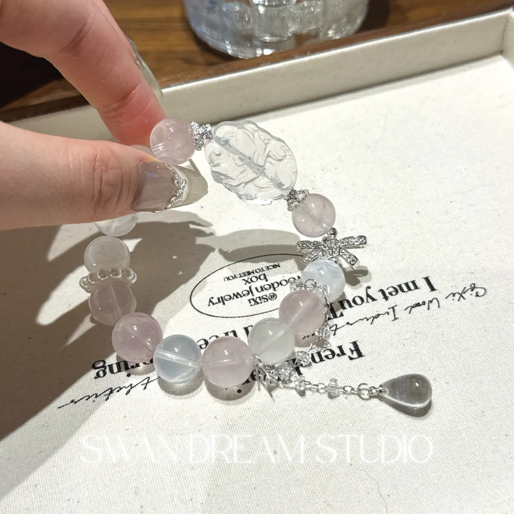 Rose Quartz Crystal Bracelet | White Quartz Nine-Tail Fox | Love Attraction Charm & Emotional Purity