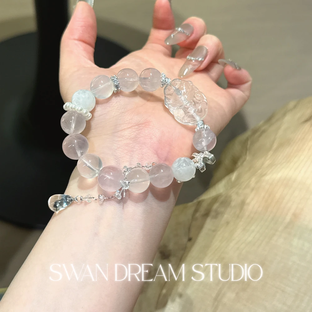 Rose Quartz Crystal Bracelet | White Quartz Nine-Tail Fox | Love Attraction Charm & Emotional Purity