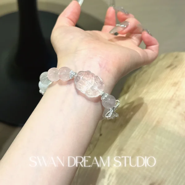 Rose Quartz Crystal Bracelet | White Quartz Nine-Tail Fox | Love Attraction Charm & Emotional Purity