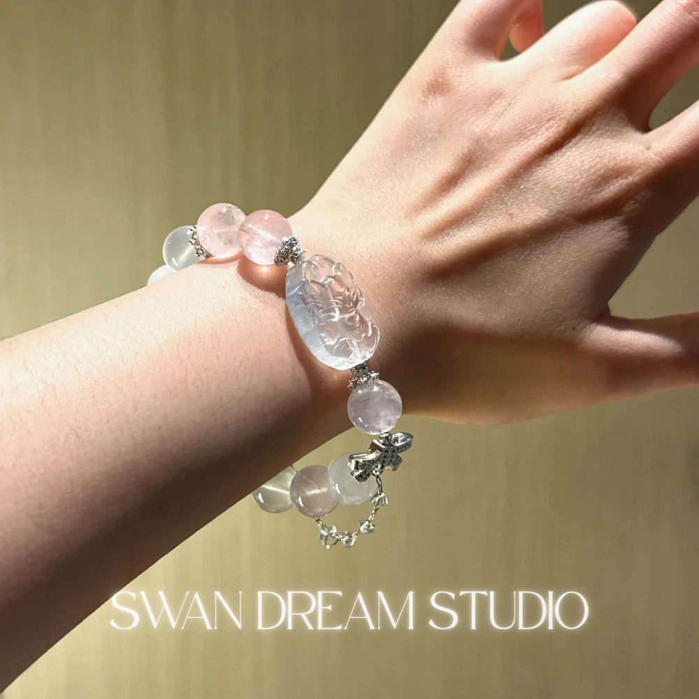 Rose Quartz Crystal Bracelet | White Quartz Nine-Tail Fox | Love Attraction Charm & Emotional Purity