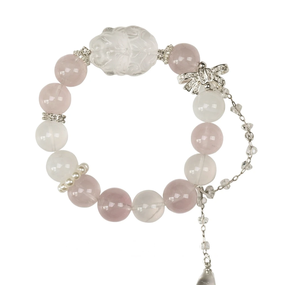Rose Quartz Crystal Bracelet | White Quartz Nine-Tail Fox | Love Attraction Charm & Emotional Purity