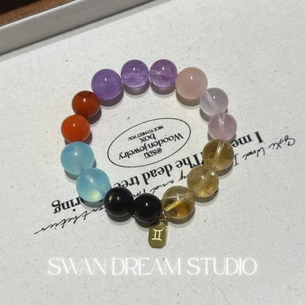 Gemini Crystal Bracelet | Aquamarine Amethyst Citrine Rose Quartz Obsidian | Balance Clarity Confidence & Flow